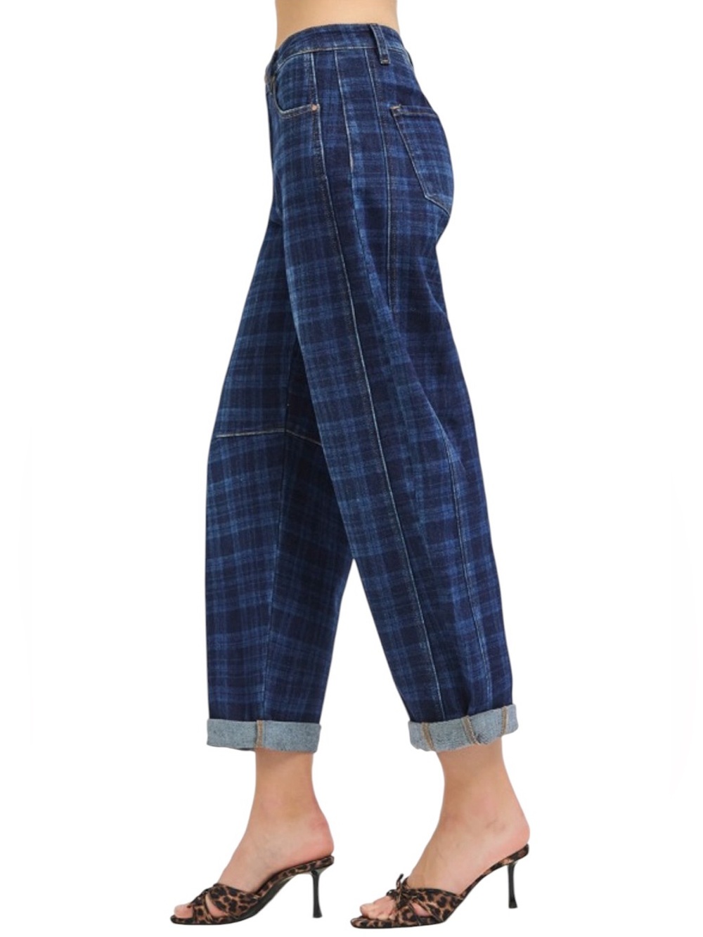 604. Risen Dark Denim Plaid High Rise Ankle Barrel Jeans NEW - Picture 4 of 5